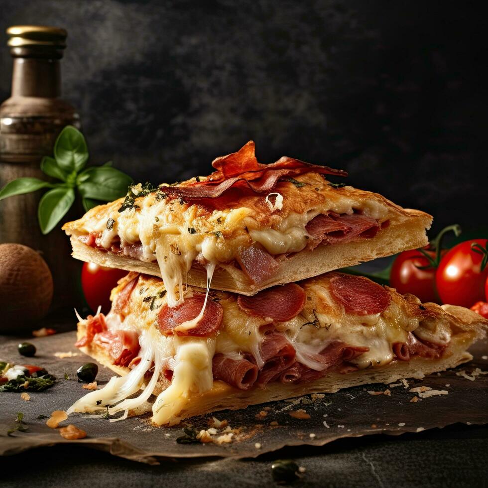 pizza napoleão ,italiano Comida em uma Sombrio rústico plano de fundo, generativo ai. foto