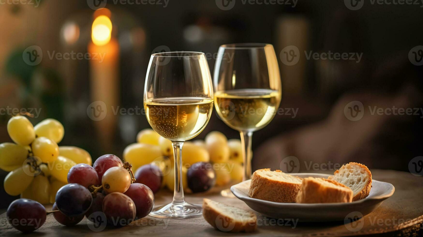 vinho óculos do vintage chardonnay com delicioso aperitivos. casal do óculos do branco vinho, italiano palitos de pão, figos e uvas. ai generativo foto