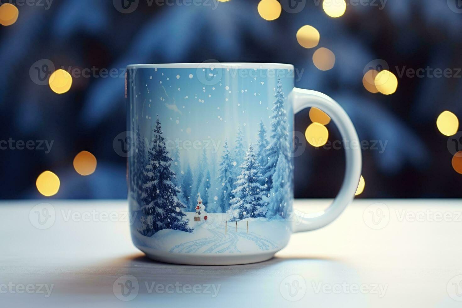 decorado Natal café caneca com inverno floresta panorama e neve. foto