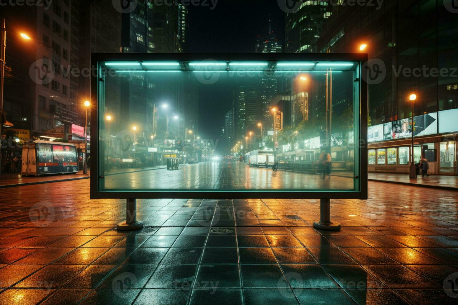 em branco publicidade luz caixa em ônibus parar, brincar do esvaziar de Anúncios Painel publicitário em noite ônibus estação, modelo bandeira em fundo cidade rua ai gerado foto