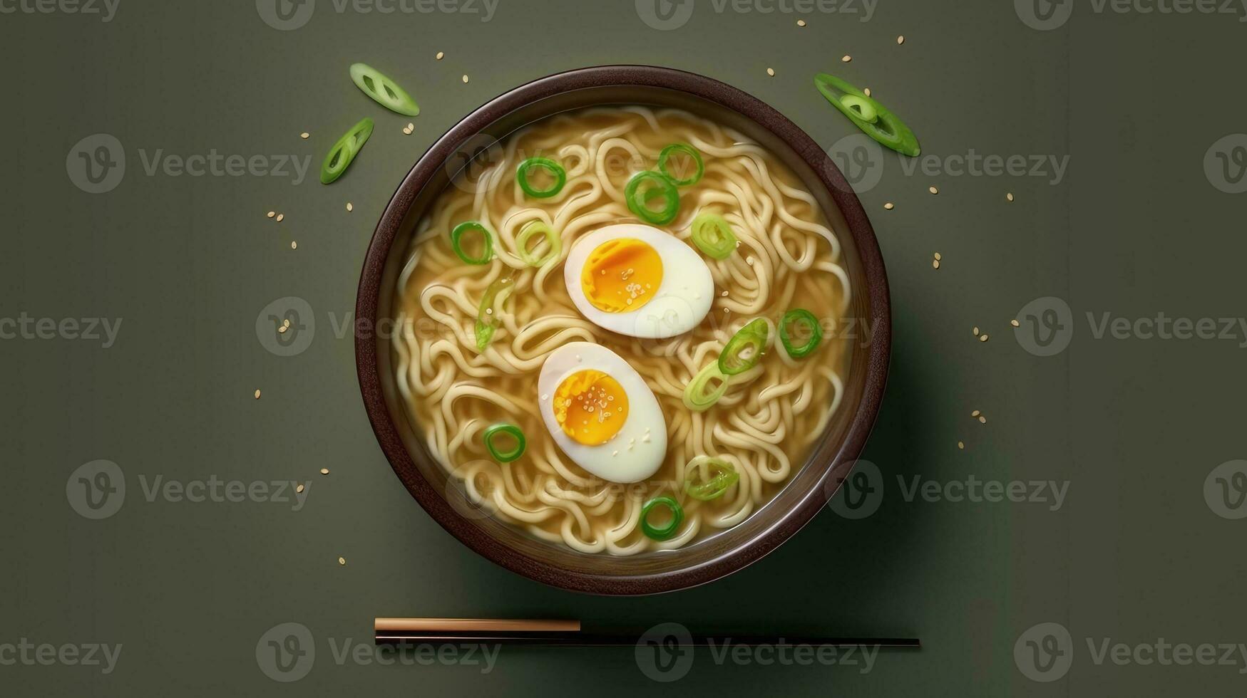 ramen dentro uma tigela topo visualizar. ramen sopa com ovo e verde cebolas. generativo ai foto