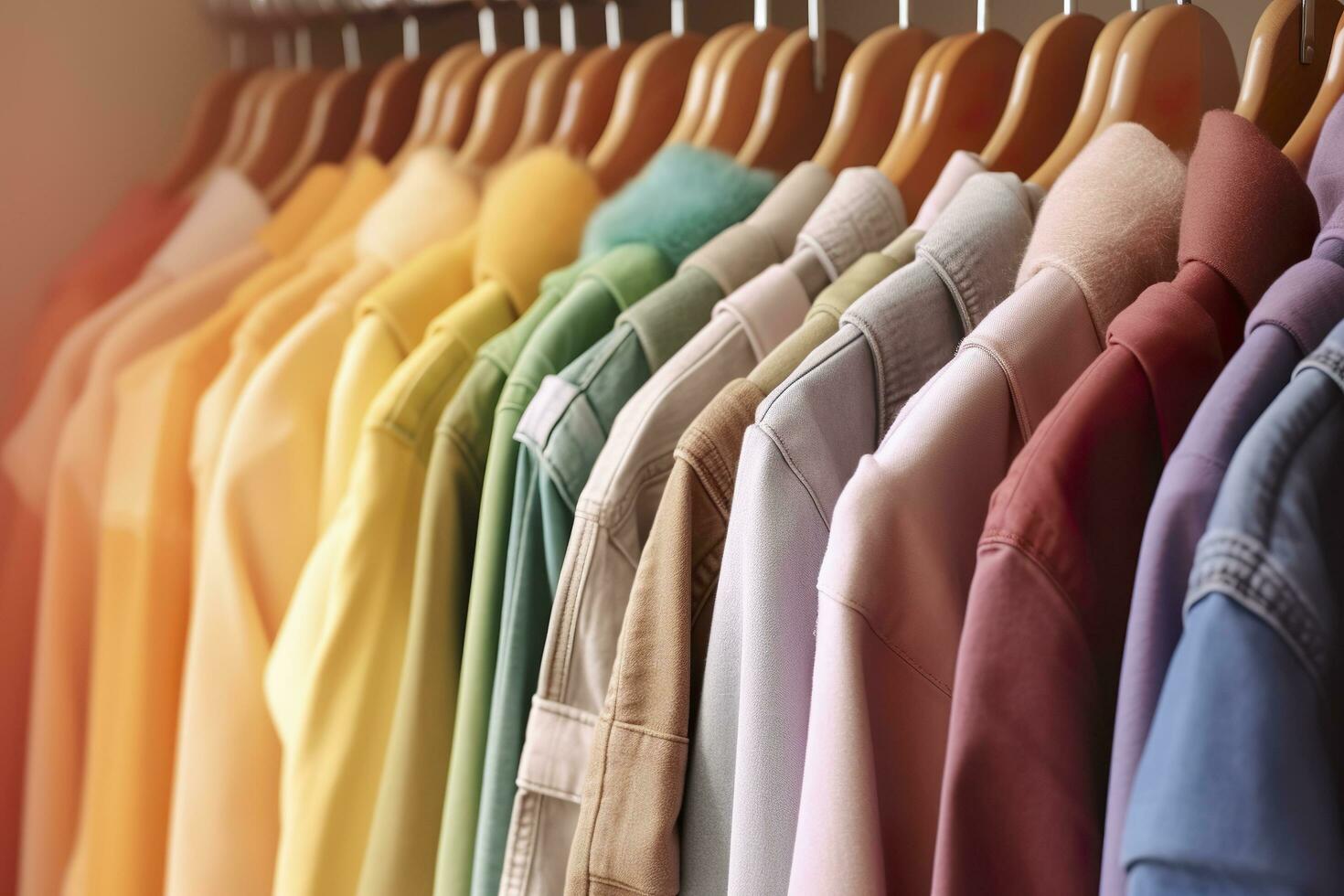 colorida roupas em uma roupas prateleira, pastel colorida armário de roupa dentro uma compras loja ou quarto, arco Iris cor roupas escolha em cabides, casa guarda roupa conceito imagem. ai generativo foto