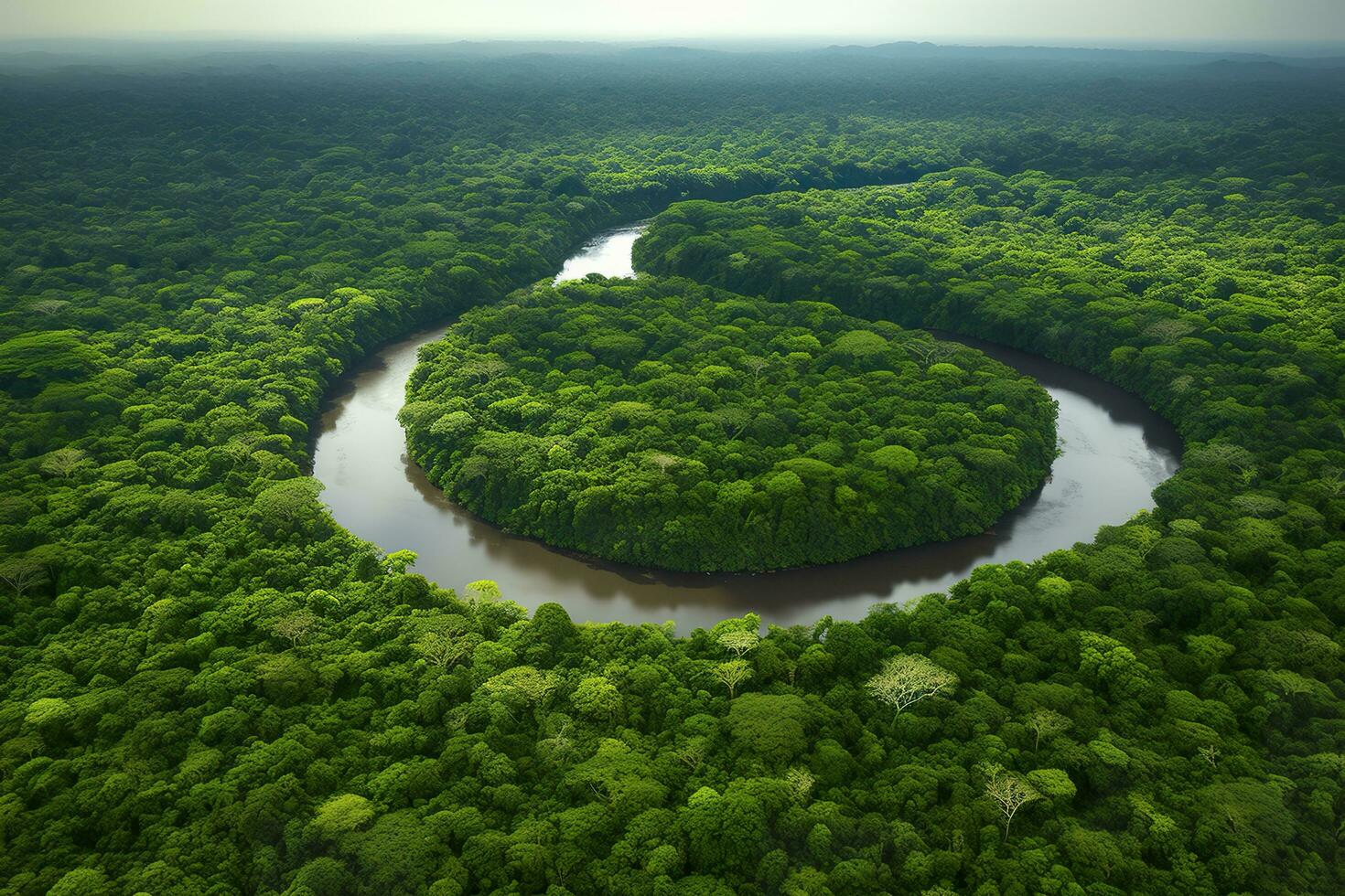 aéreo Visão do a amazonas selva panorama com rio dobrar. generativo ai foto