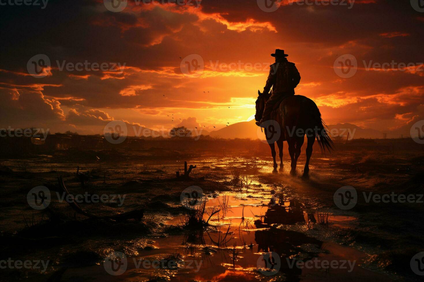 vaqueiro silhueta, equitação a planícies, pôr do sol azul ai gerado foto