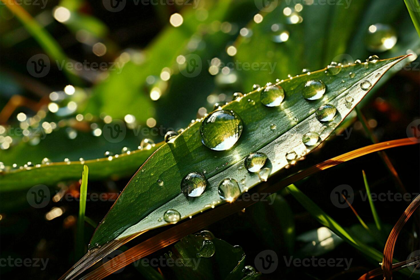 cintilante manhã orvalho, beijado pela luz do sol grama, naturezas beleza ai gerado foto