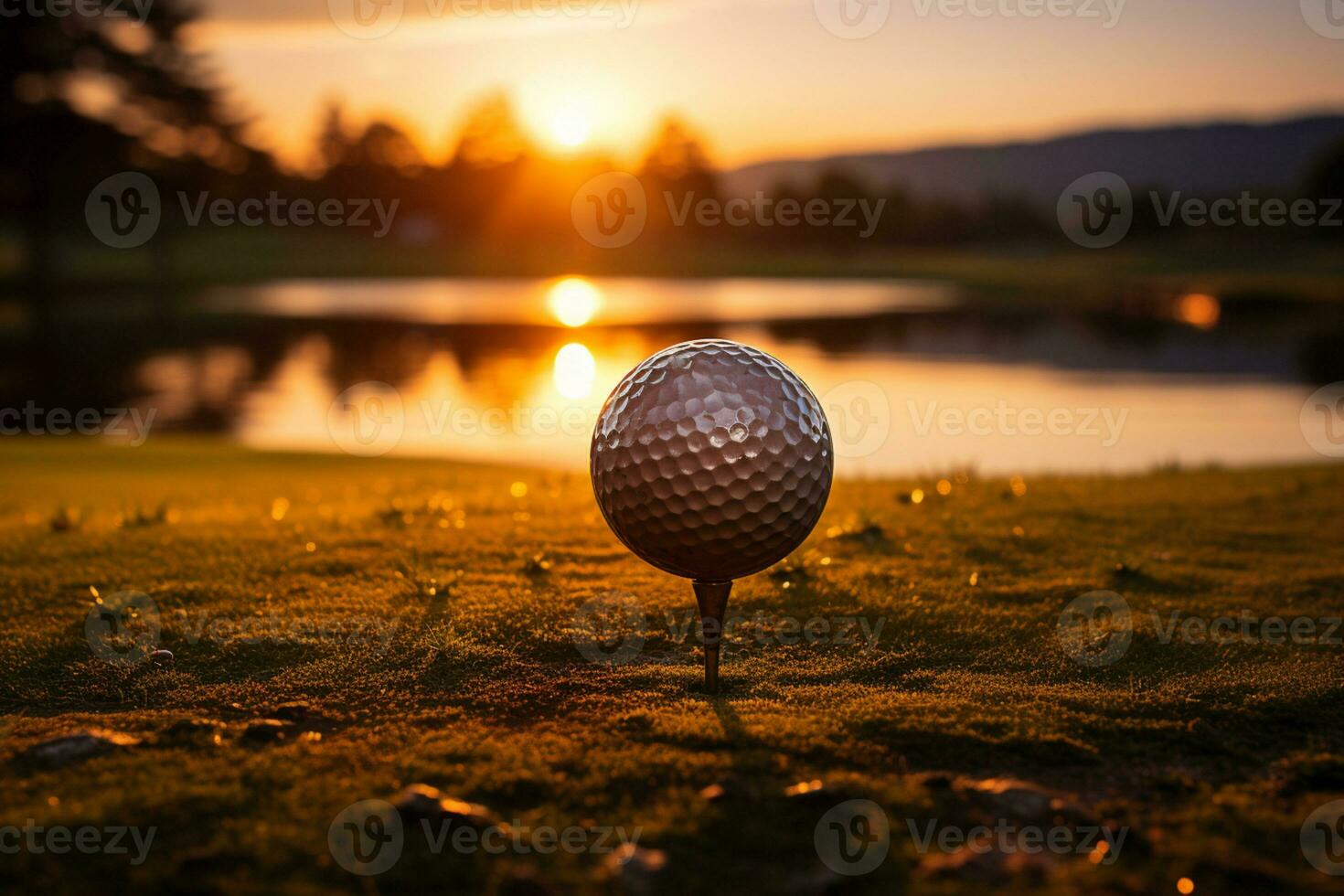 deslumbrante pôr do sol, golfe clube, e bola em curso ai gerado foto