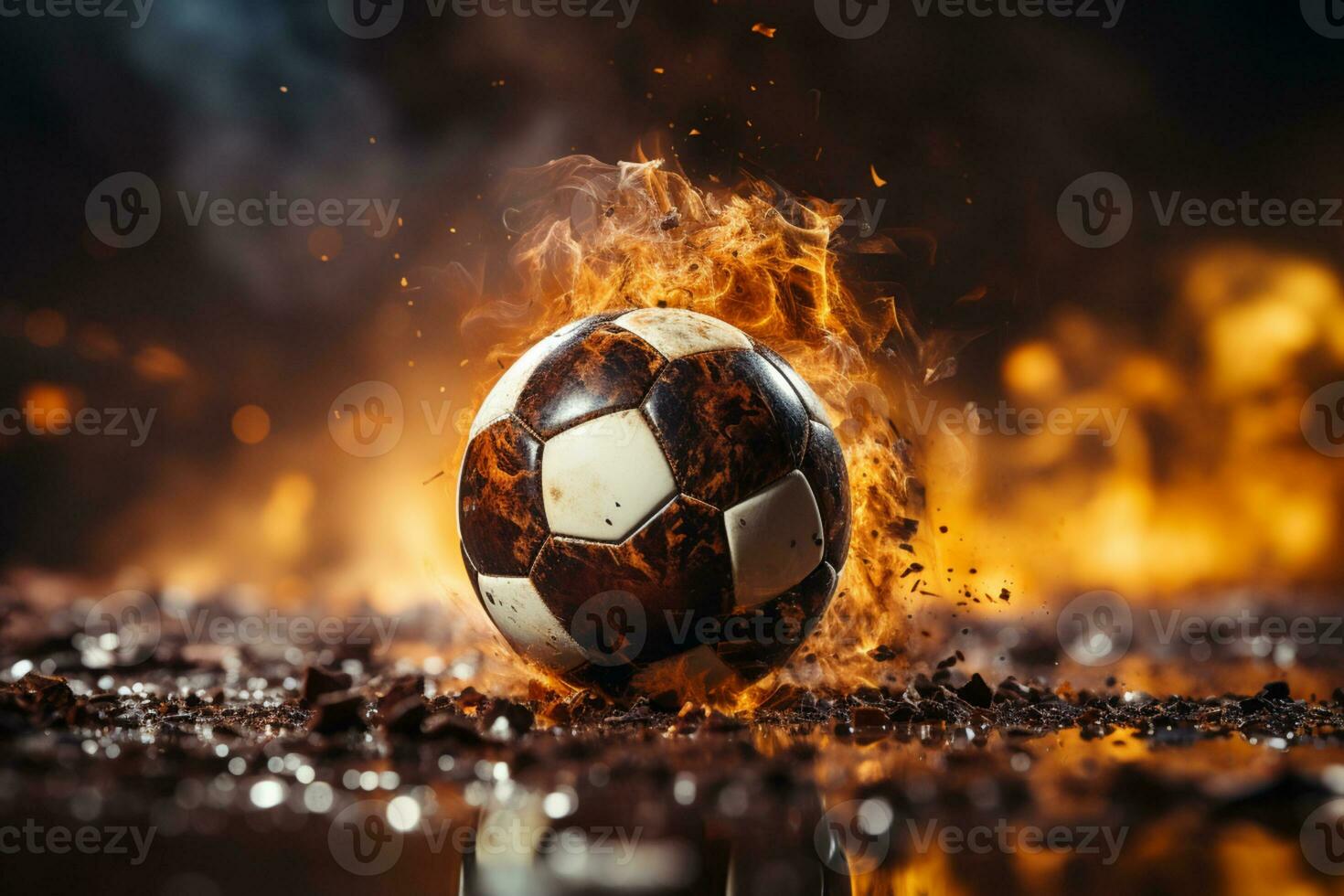 jogador de futebol chutes bola para meta, simbolizando saudável estilo de vida e Atlético comprometimento ai gerado foto