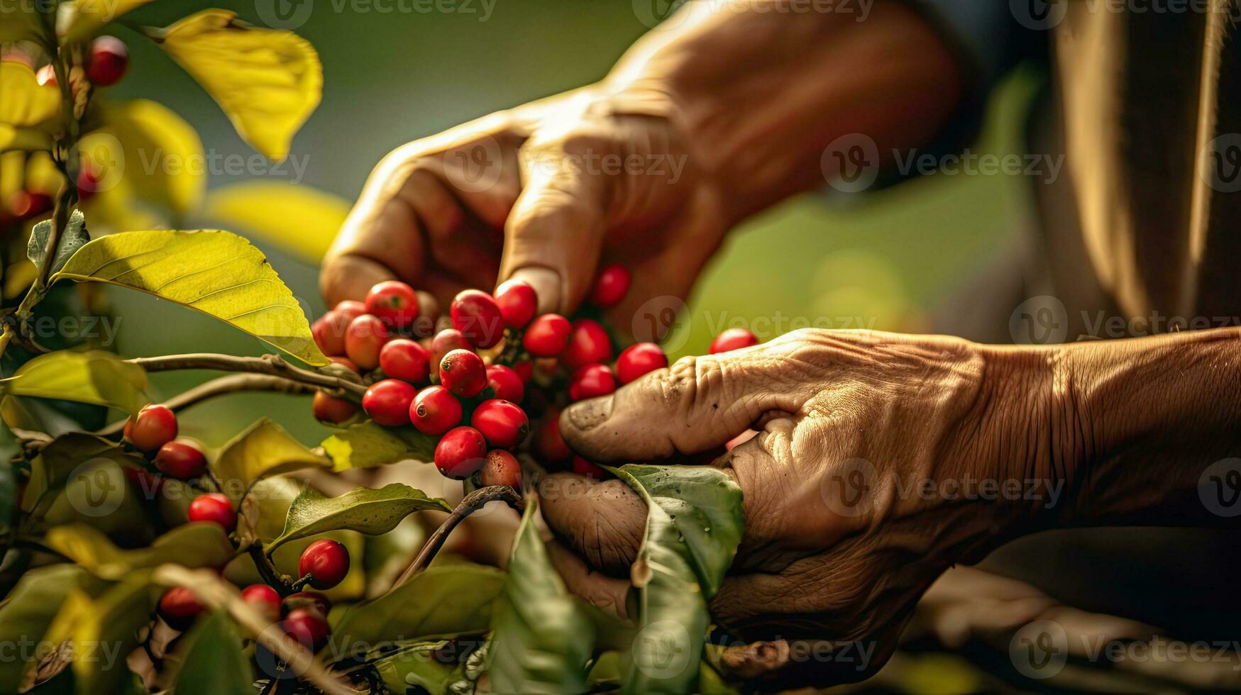 agricultura colheita café bagas, agricultores mão colheita arábica café bagas ou robusta bagas de a mãos. Vietnã. generativo ai foto