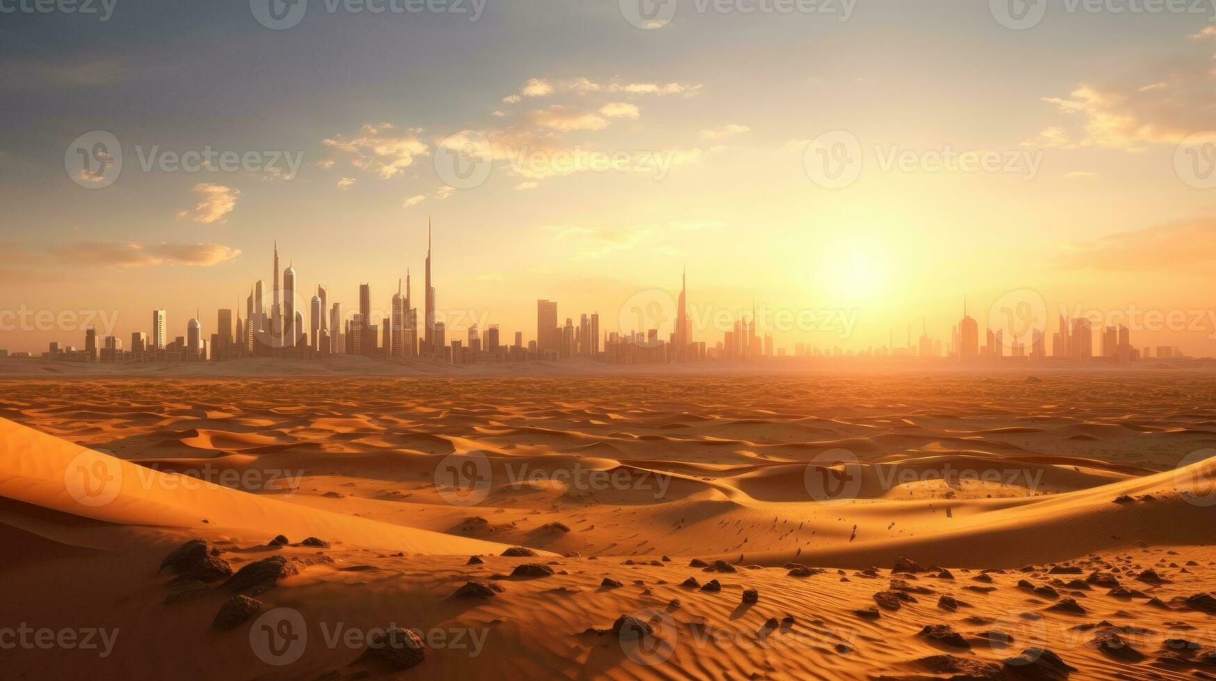 deserto dentro dubai cidade fundo Unidos árabe Emirados lindo céu dentro a manhã nascer do sol. generativo ai foto