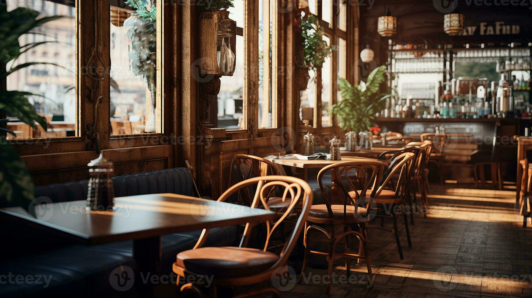 acolhedor cafeteria bistro com borrado fundo e de madeira montagem. generativo ai foto