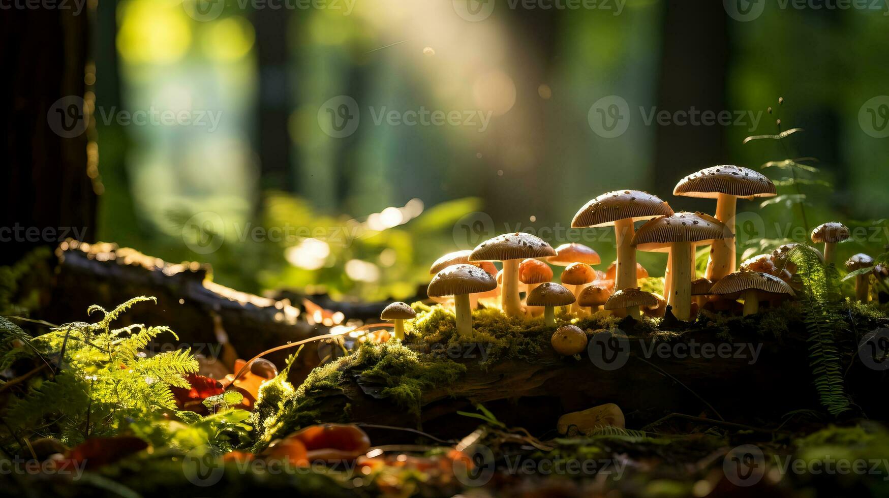 uma mágico cena dentro a madeiras com uma grupo do selvagem cogumelos manchado luz solar e uma fundo com esvaziar espaço para texto foto