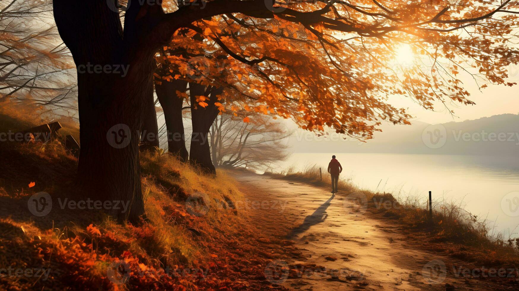mulher caminhando em a caminho para a lago às nascer do sol. outono temporada. foto