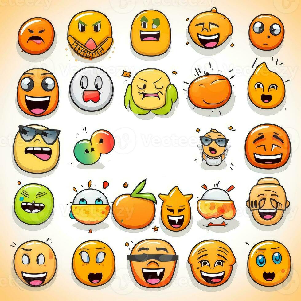 conjunto do desenho animado rostos expressões, face emojis, adesivos, emoticons, desenho animado engraçado mascote personagens face definir, generativo ai ilustração foto