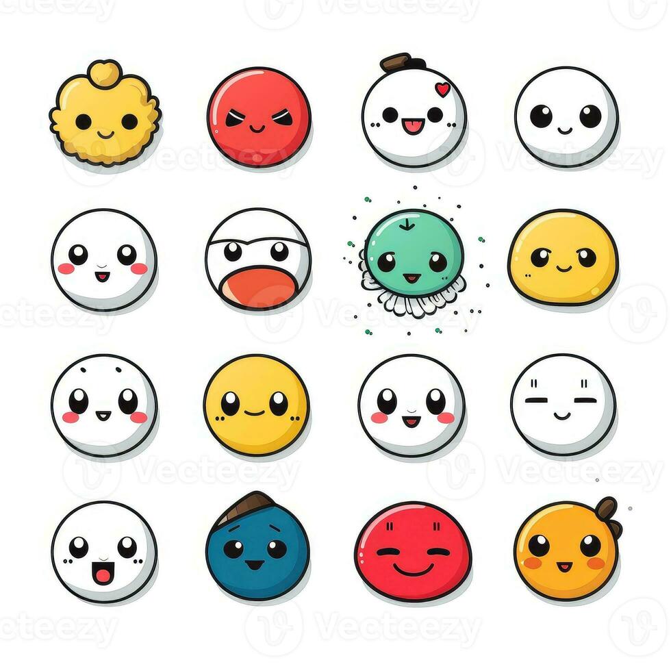 conjunto do desenho animado rostos expressões, face emojis, adesivos, emoticons, desenho animado engraçado mascote personagens face definir, generativo ai ilustração foto