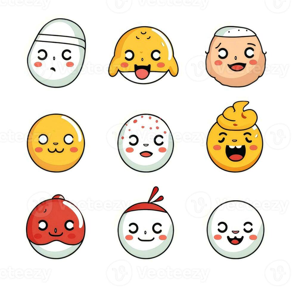 conjunto do desenho animado rostos expressões, face emojis, adesivos, emoticons, desenho animado engraçado mascote personagens face definir, generativo ai ilustração foto