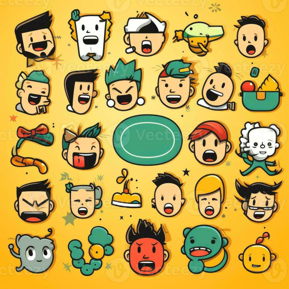 conjunto do desenho animado rostos expressões, face emojis, adesivos, emoticons, desenho animado engraçado mascote personagens face definir, generativo ai ilustração foto