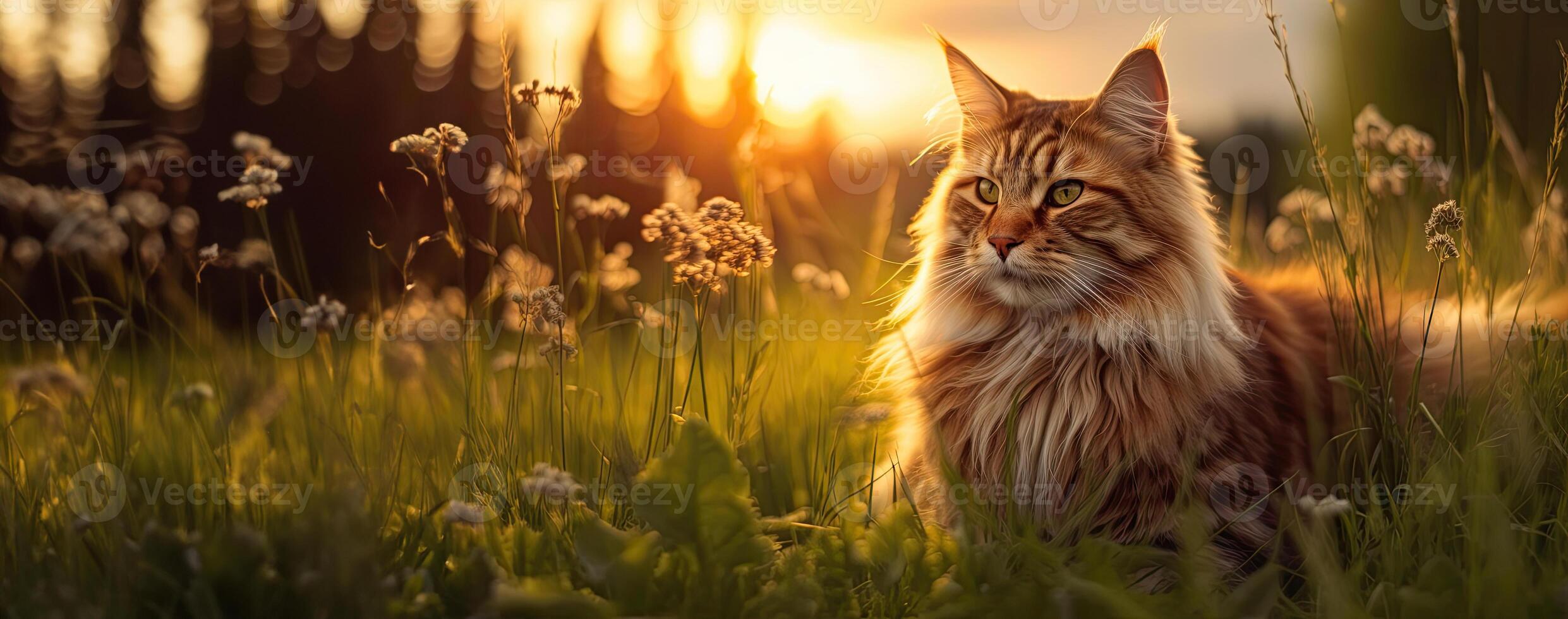 lindo maine coon gato dentro uma Prado às dourado hora, generativo ai foto