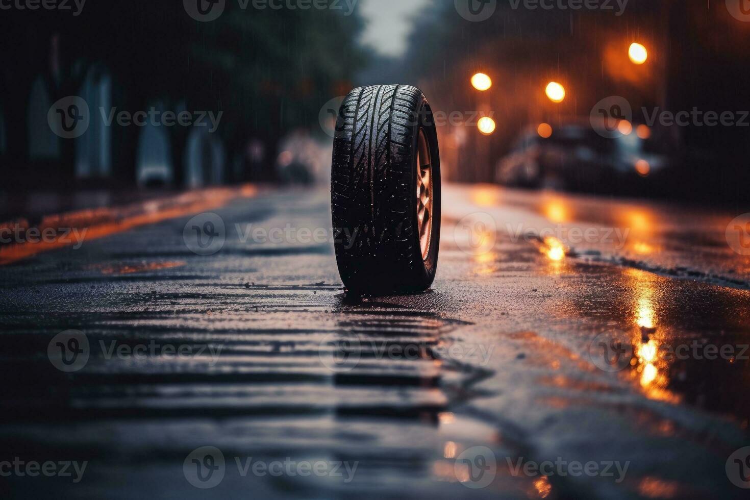 carro pneu em molhado estrada. generativo ai foto