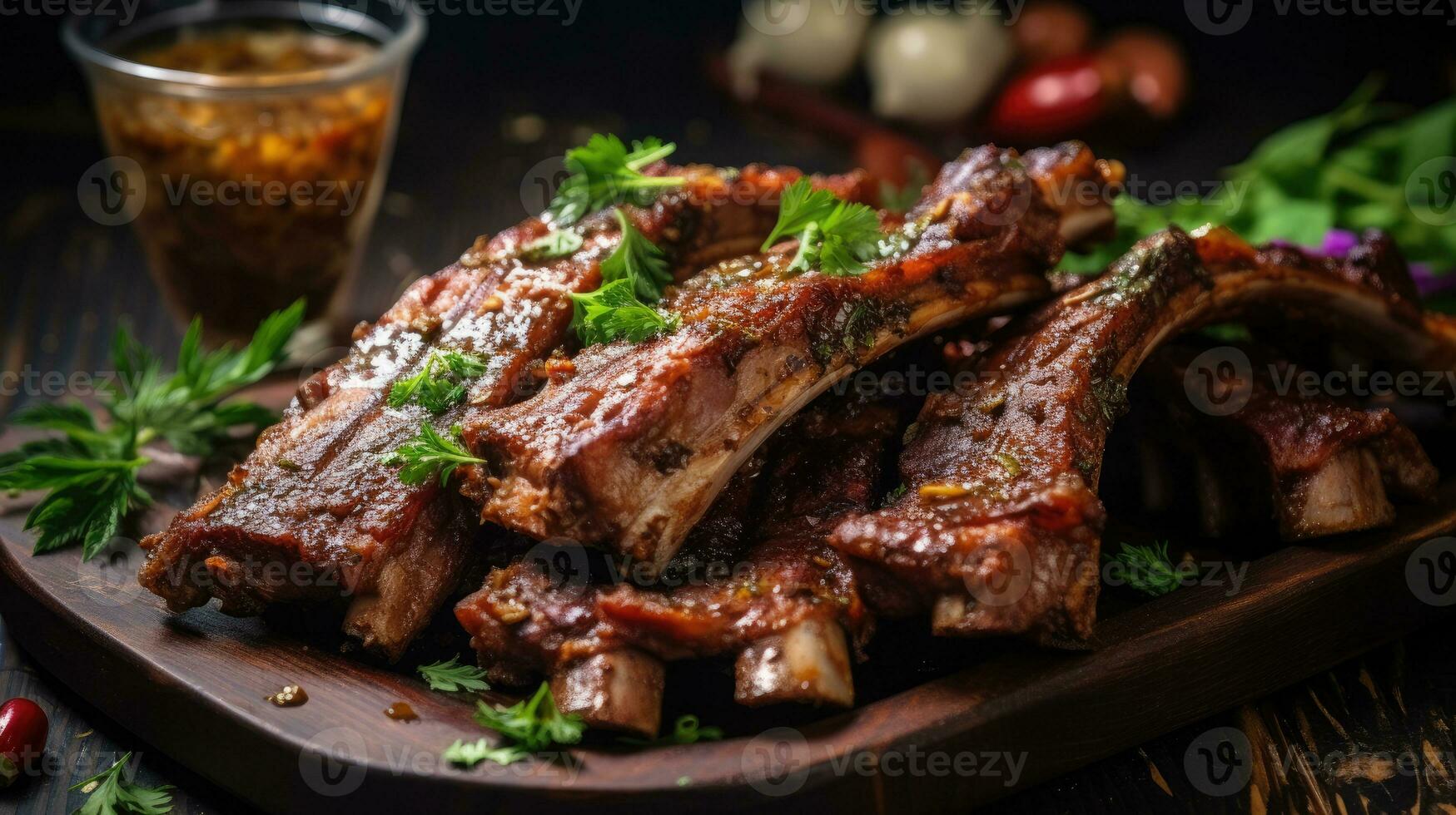 suculento e concurso Cordeiro costelas marinado dentro uma salgado mistura do especiarias, ai gerado foto