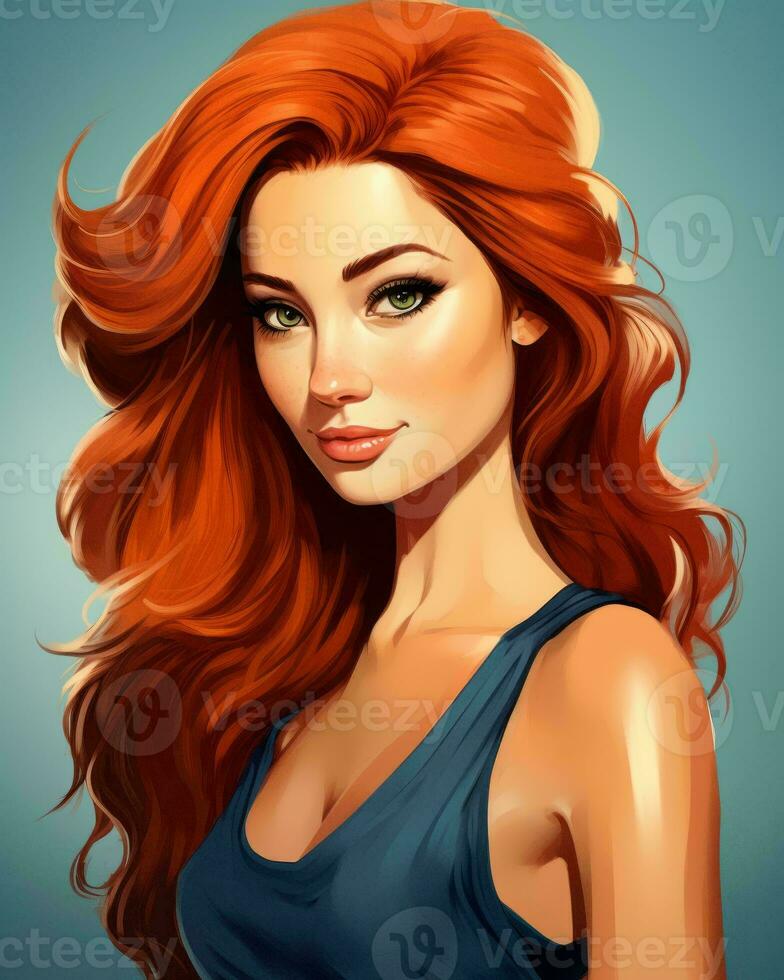 a ilustração do uma lindo mulher com grandes vermelho cabelo generativo ai foto