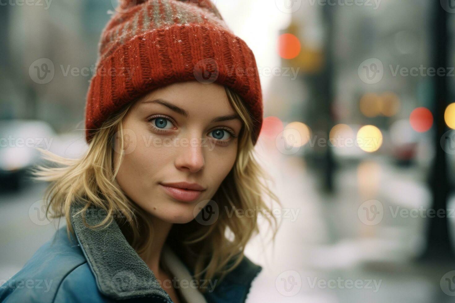 uma lindo jovem mulher dentro uma vermelho gorro e Jaqueta em uma cidade rua generativo ai foto