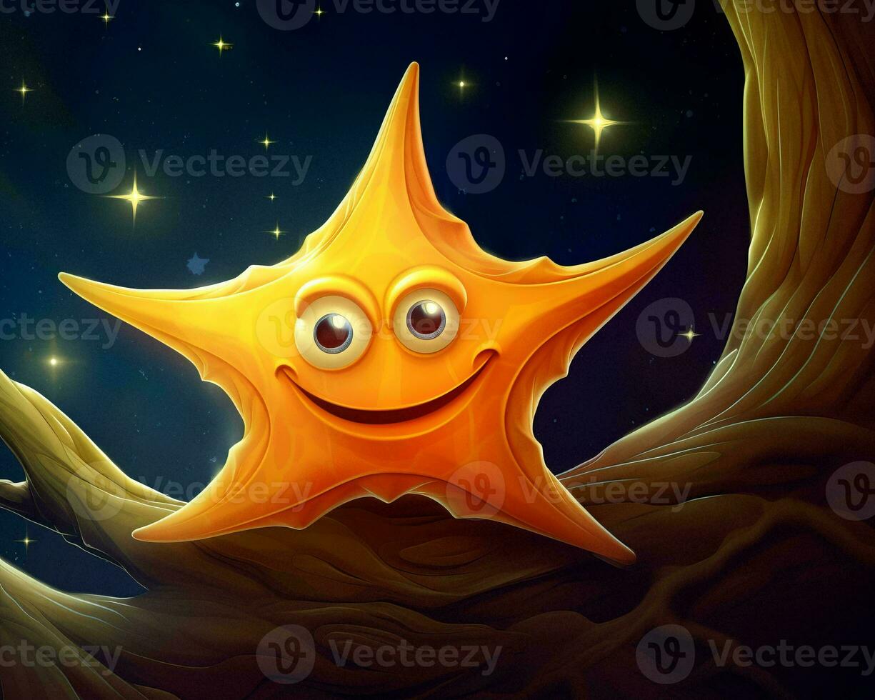 uma desenho animado estrelas do mar é sentado em uma árvore ramo com estrelas dentro a fundo generativo ai foto