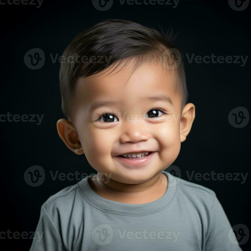 uma sorridente bebê Garoto dentro uma cinzento t - camisa em uma Preto fundo generativo ai foto
