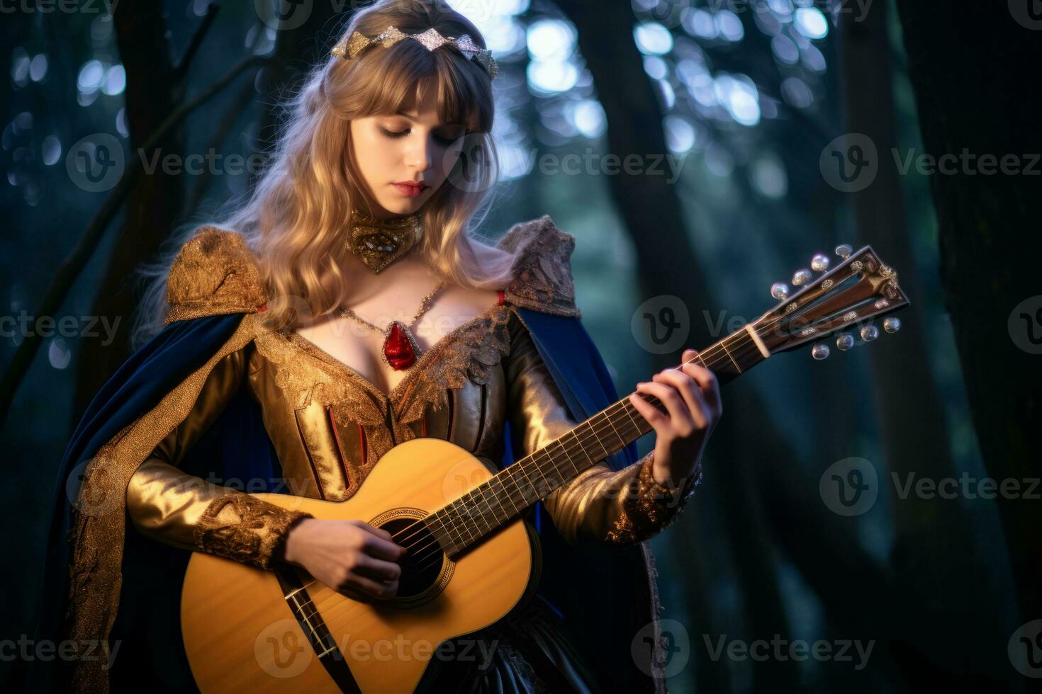 uma mulher vestido Como uma Princesa jogando a acústico guitarra dentro a madeiras generativo ai foto