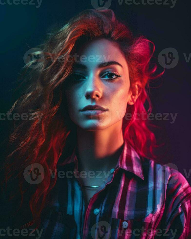 uma mulher com vermelho cabelo e uma xadrez camisa generativo ai foto