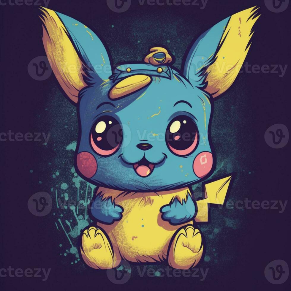 desenho animado Pikachu com uma azul camisa e uma amarelo fita. generativo  ai. 28404273 Foto de stock no Vecteezy