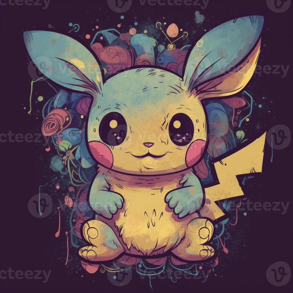 Pokémon Pikachu com amarelo olhos e azul rabo sentado em uma Preto fundo.  generativo ai. 28405022 Foto de stock no Vecteezy