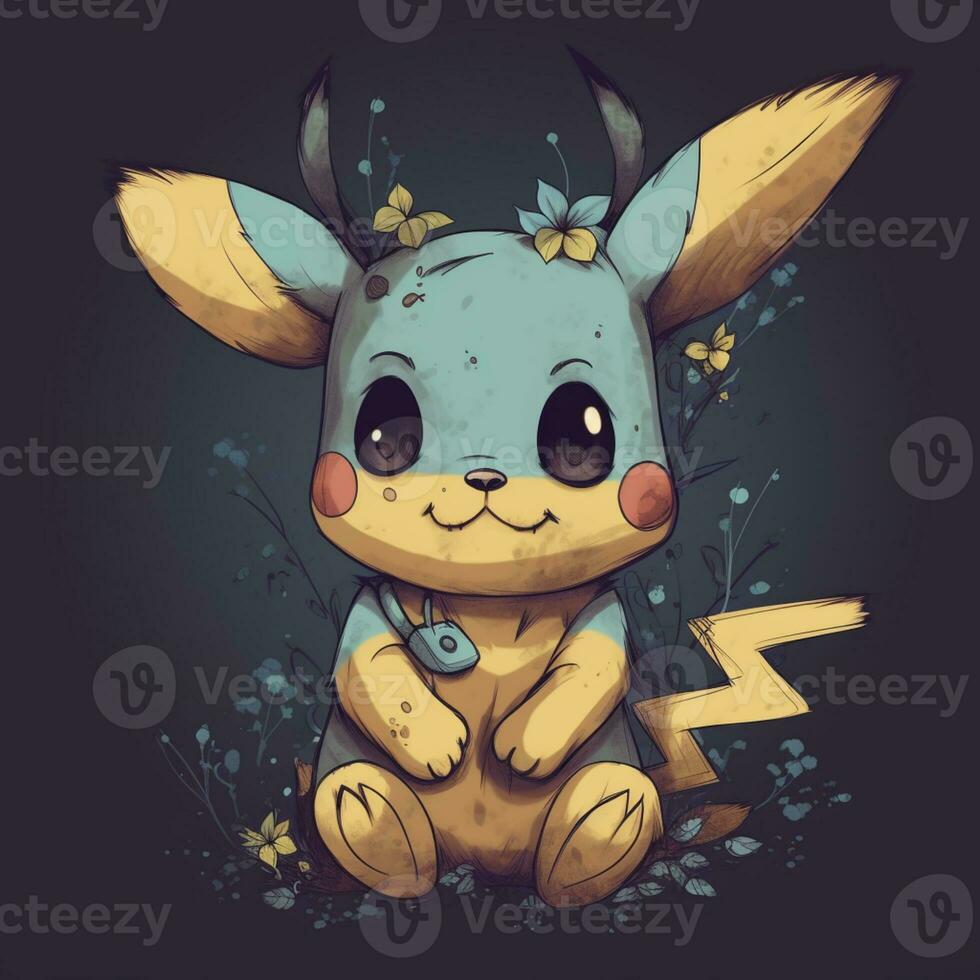 Pokémon Pikachu com uma amarelo e azul camisa e uma Preto fundo. generativo  ai. 28404991 Foto de stock no Vecteezy