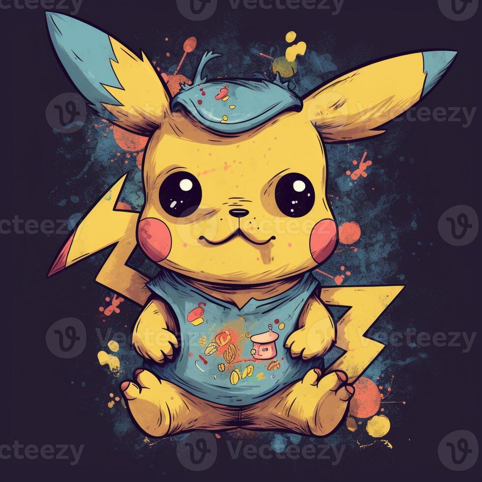 Pokémon Pikachu com uma amarelo e azul camisa e uma Preto fundo. generativo  ai. 28404991 Foto de stock no Vecteezy