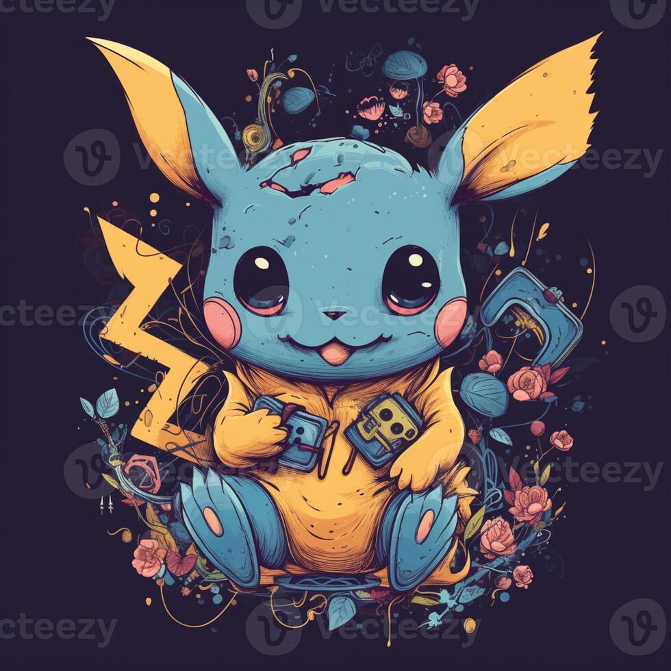 Pokémon Pikachu com uma amarelo e azul camisa e uma Preto fundo. generativo  ai. 28404991 Foto de stock no Vecteezy