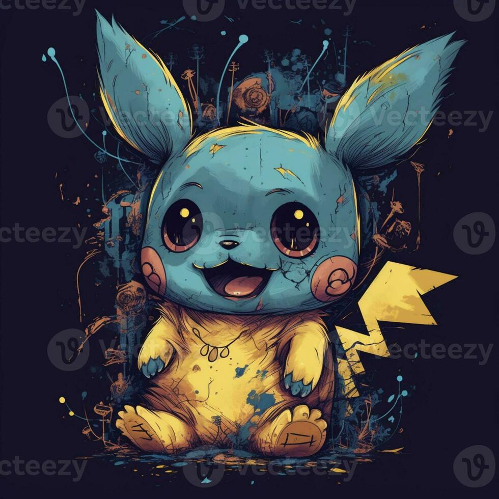 desenho animado Pikachu com uma azul camisa e uma amarelo fita. generativo  ai. 28404273 Foto de stock no Vecteezy