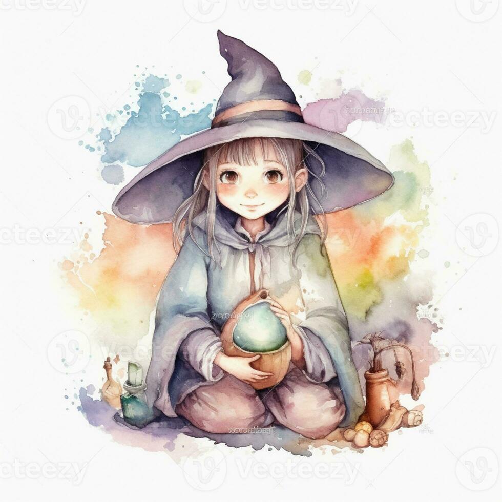 animê menina dentro uma bruxa chapéu segurando uma cristal bola