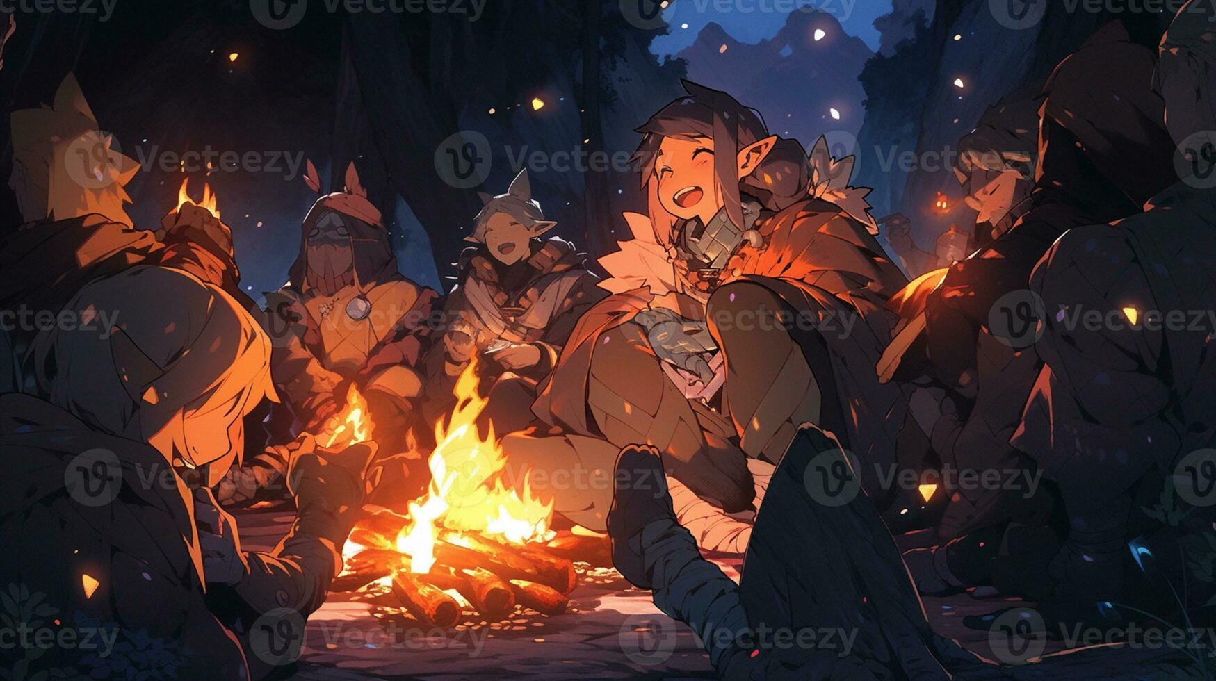 animê personagens por aí uma fogueira dentro uma floresta às noite