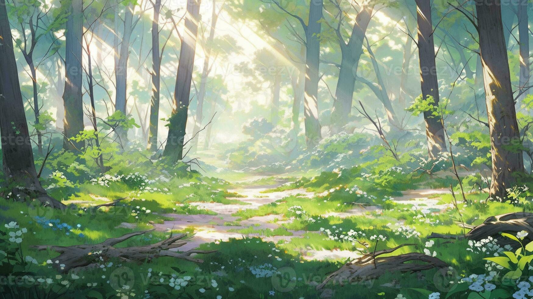 animê cenário do uma floresta com uma raio de Sol e flores generativo ai.  28462476 Foto de stock no Vecteezy