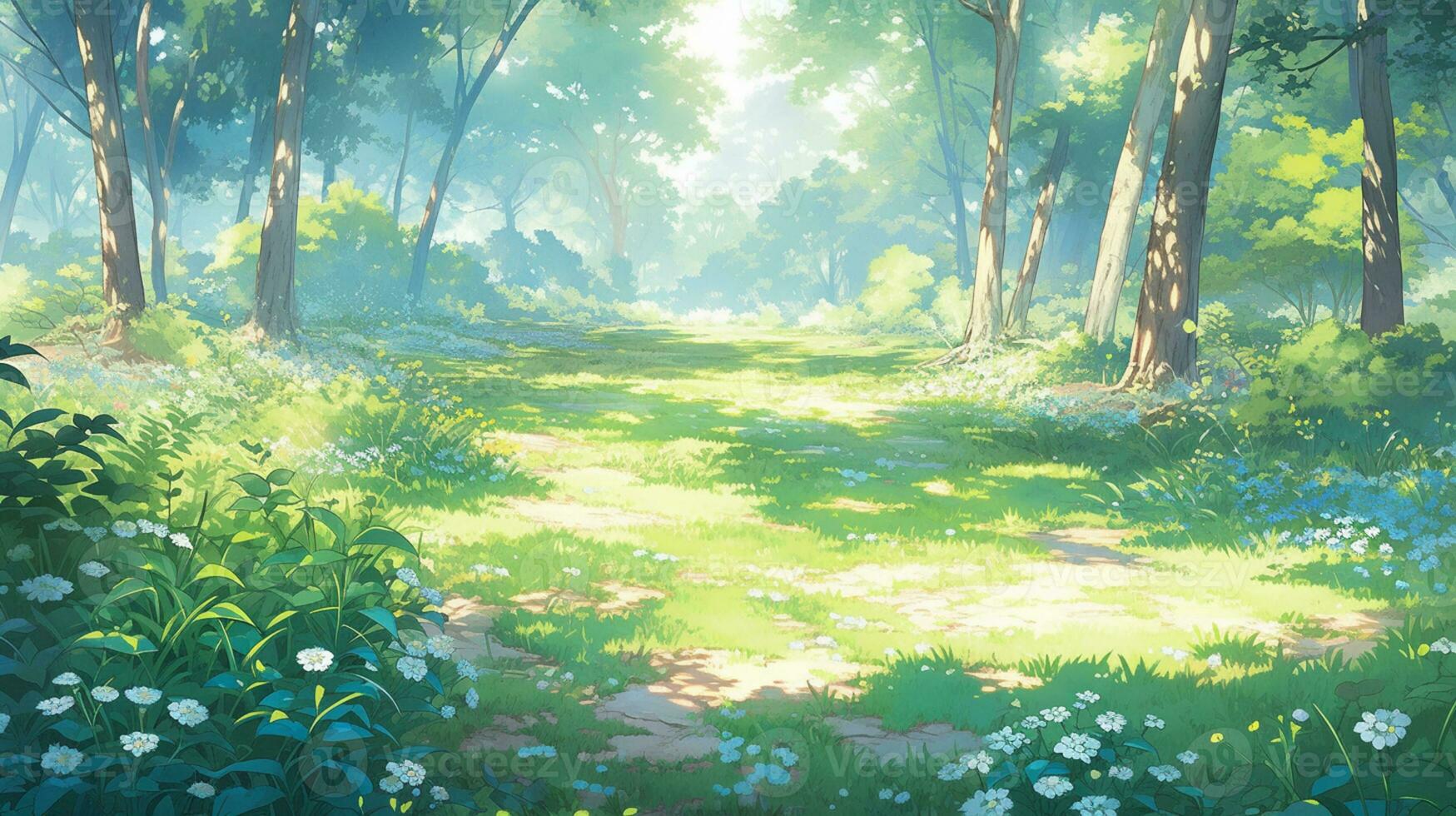 Fundo de anime, floresta, árvores e flores ao fundo