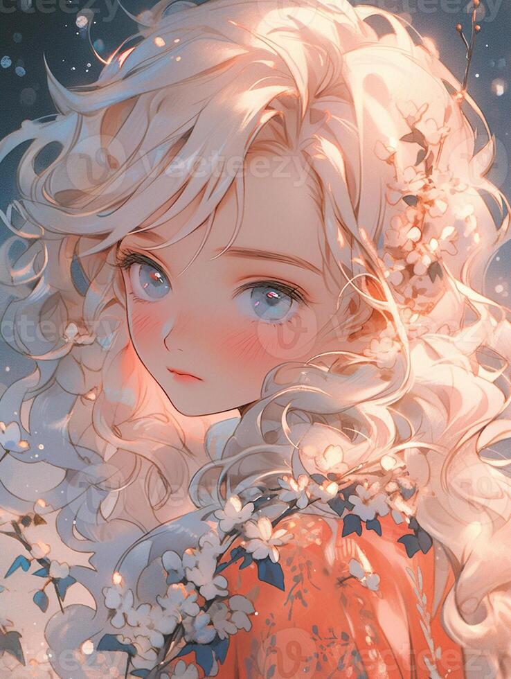 Garota de anime com asas de anjo e uma flor em seu cabelo generativo ai