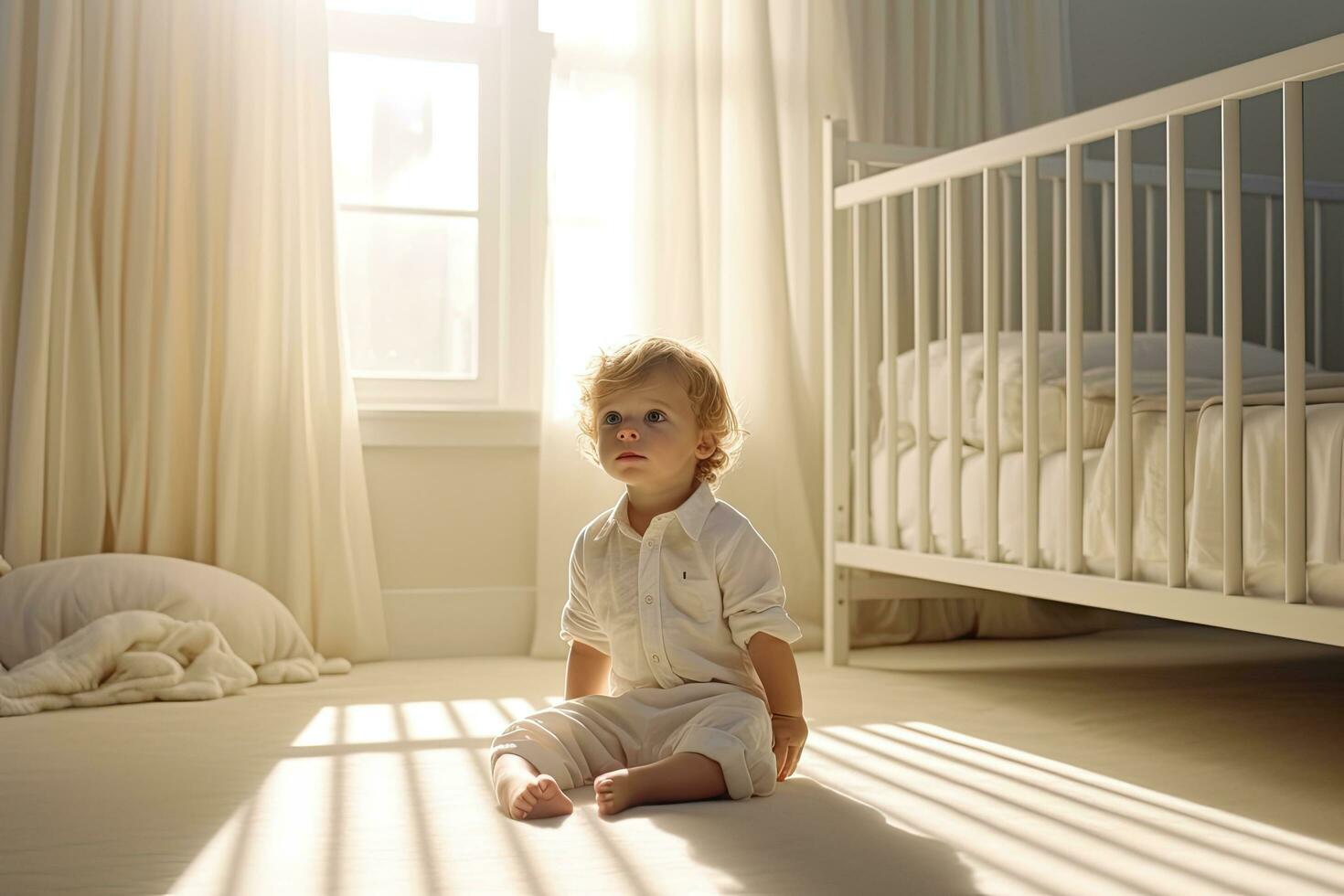 uma bebê Garoto dentro branco ensolarado quarto, generativo ai. foto