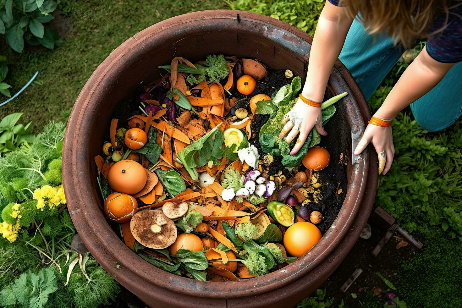 topo Visão do compostagem Comida desperdício dentro quintal composto bin jardim , generativo ai. foto