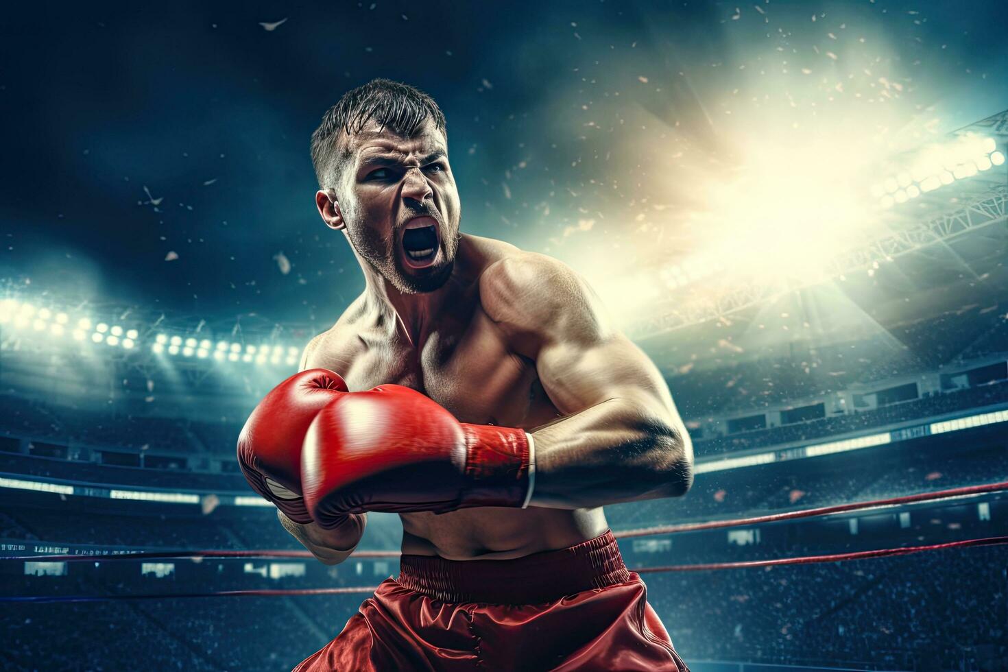 boxe jovem homem dentro açao em a estádio , generativo ai. foto