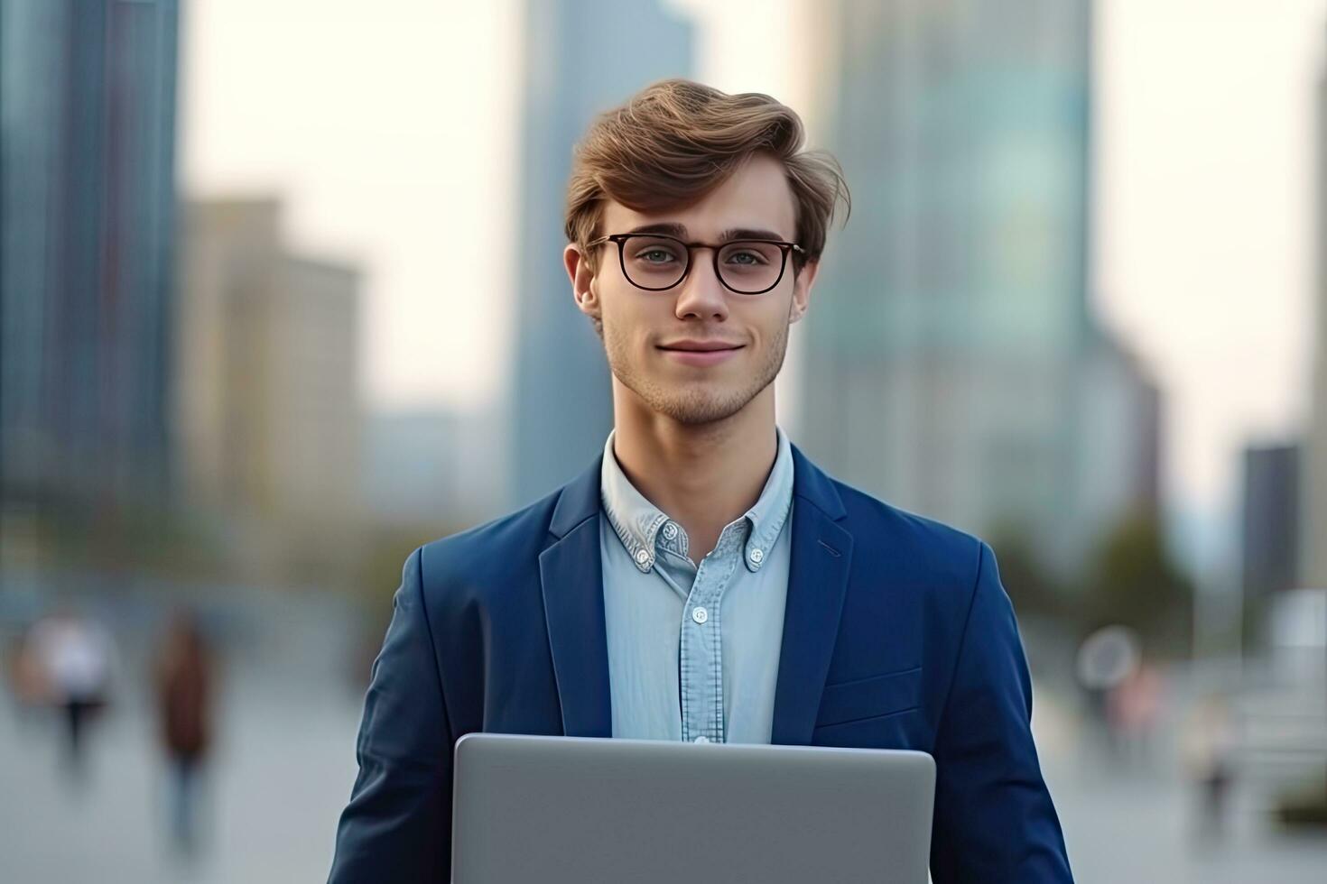 Europa jovem empresário com computador portátil , alta construção fundo , cópia de espaço, generativo ai foto