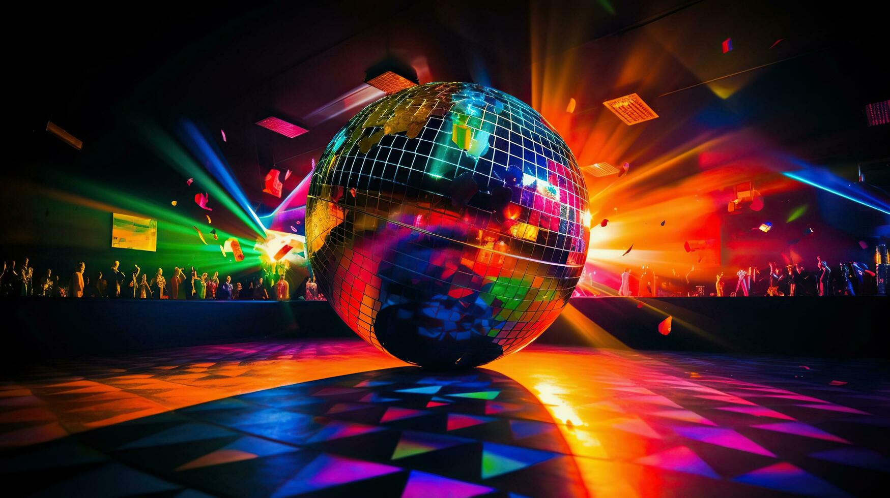 Boate extravagância. espelho bola e lasers iluminar a dança chão com vibrante arco-íris. generativo ai foto