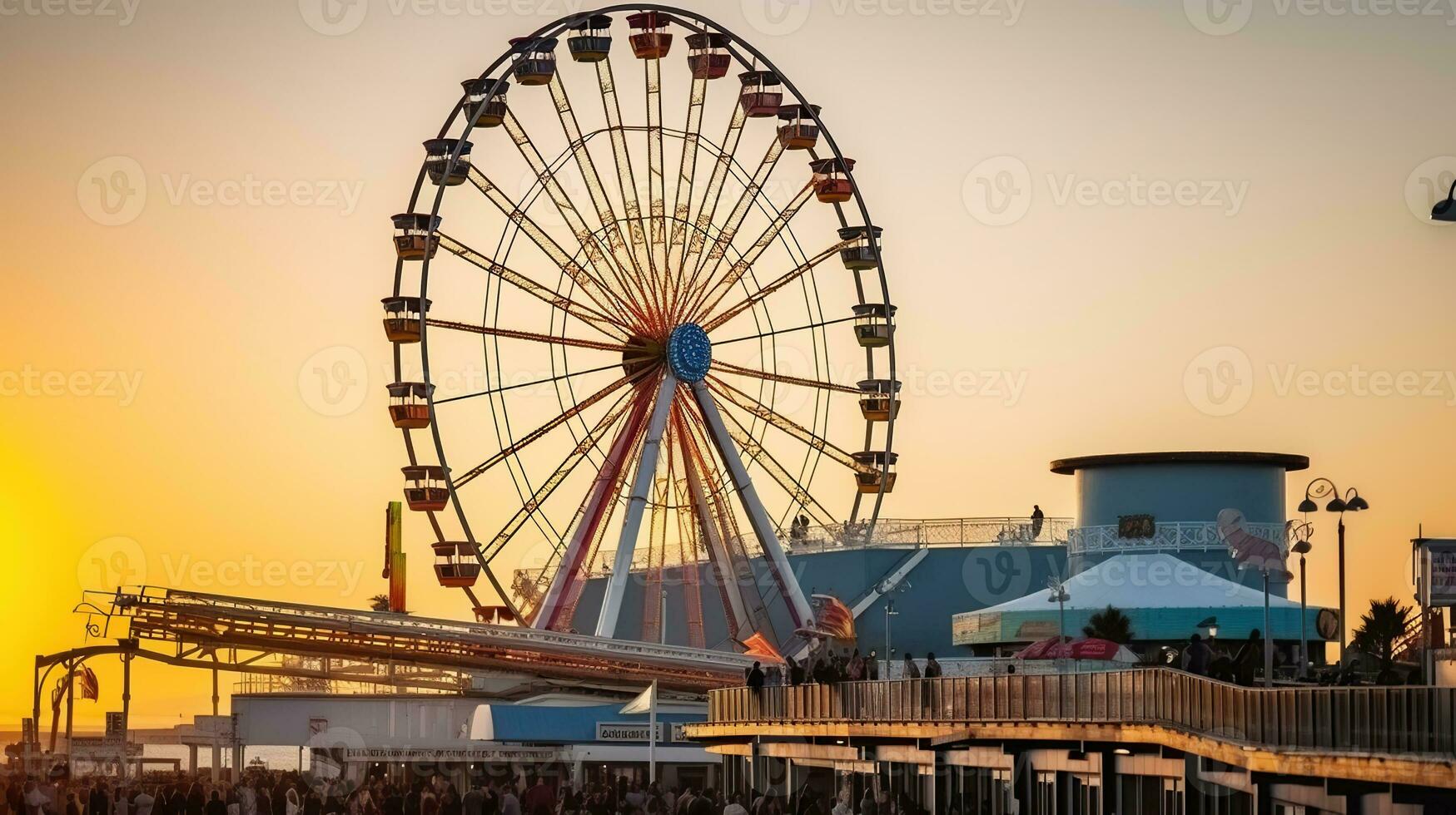 pôr do sol espetáculo - a ferris roda às pacífico do parque cais. generativo ai foto