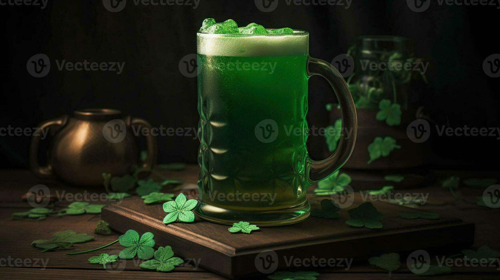 verde cerveja, folha trevos espalhados por aí a madeira base, st. patrick's dia cerveja. generativo ai foto