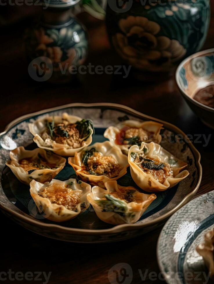 shui lan frito Wonton para chinês kung pao, dentro a estilo do flor e natureza motivos ai gerado foto