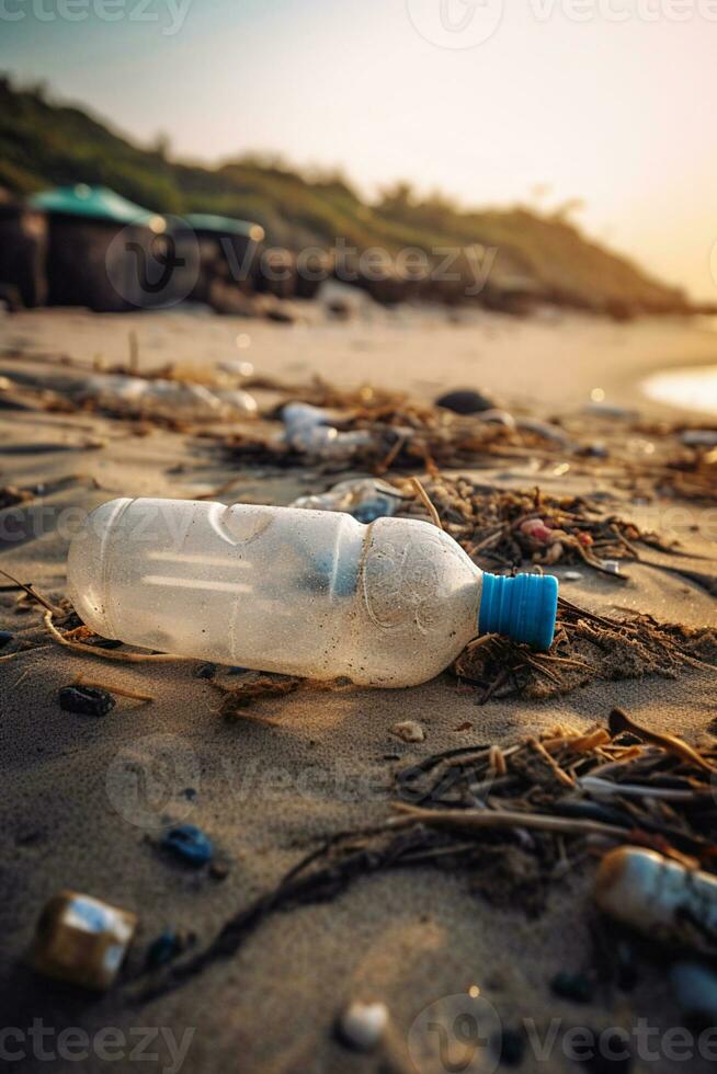 plástico garrafa fechar-se em arenoso costa do mar ou oceano poluição do mar ou oceano com plástico desperdício ecológico desastre generativo ai foto