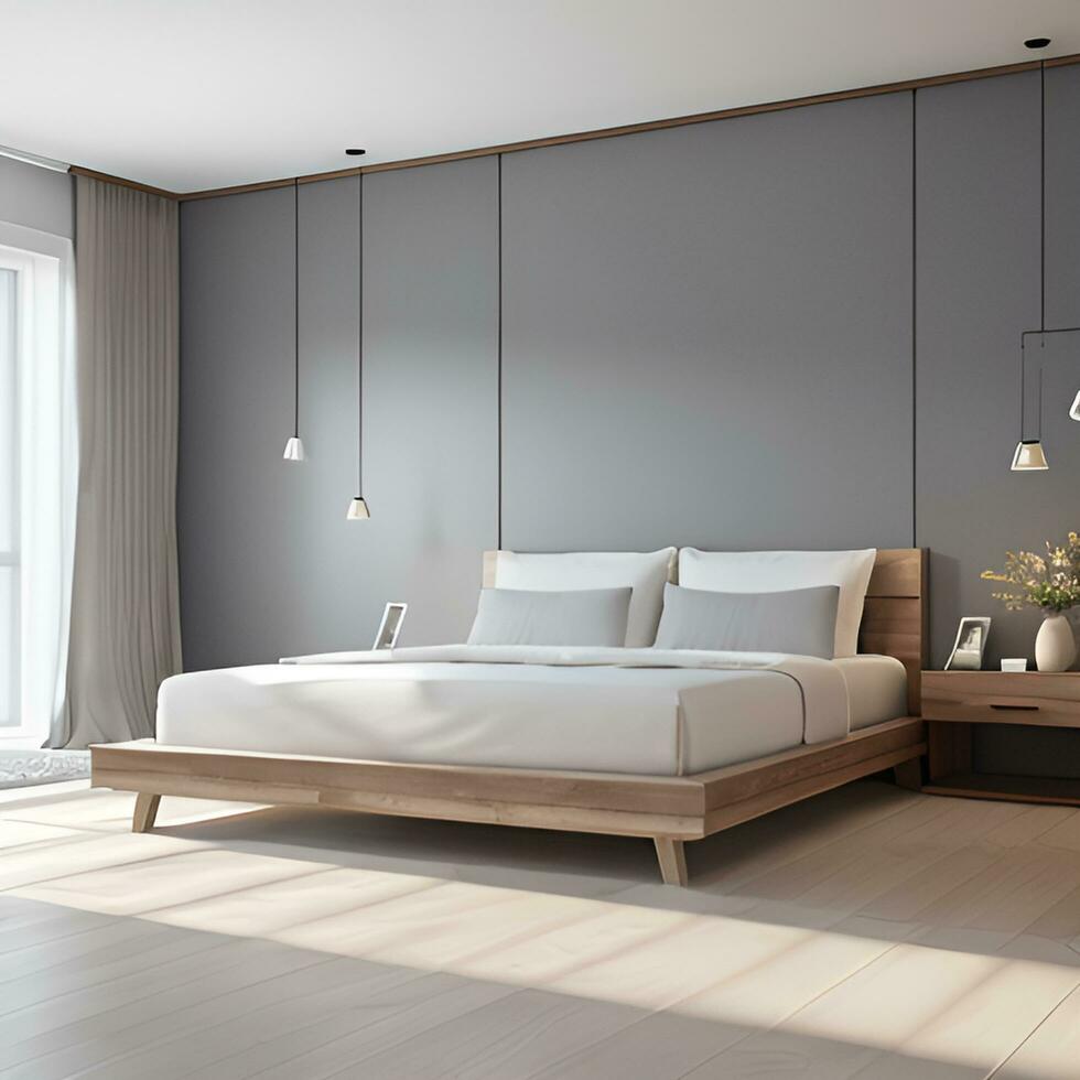 moderno quarto com de madeira cama e janela luz foto